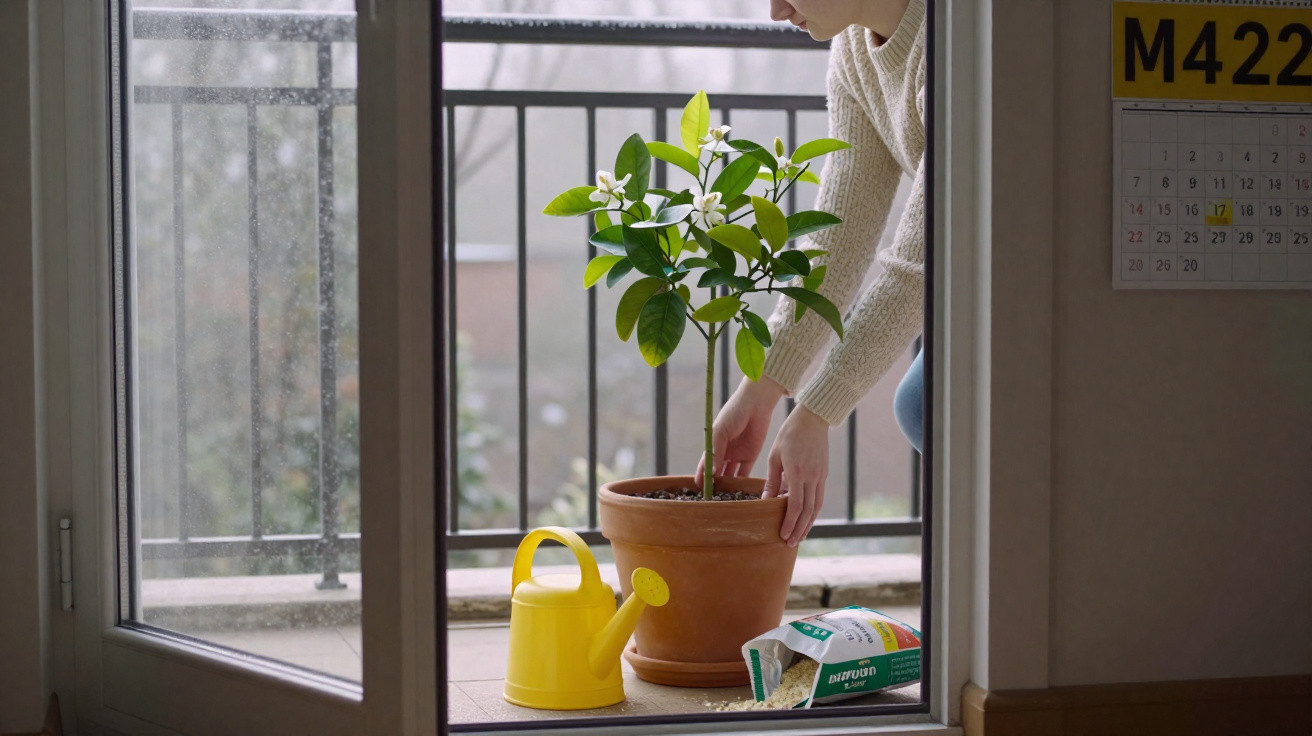 Pessoa cuidando de uma planta em vaso na varanda, com regador amarelo e pacote de terra ao lado.