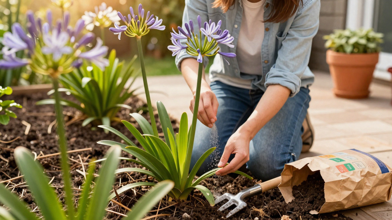 Pessoa adicionando fertilizante em planta com flores roxas em jardim externo ensolarado.