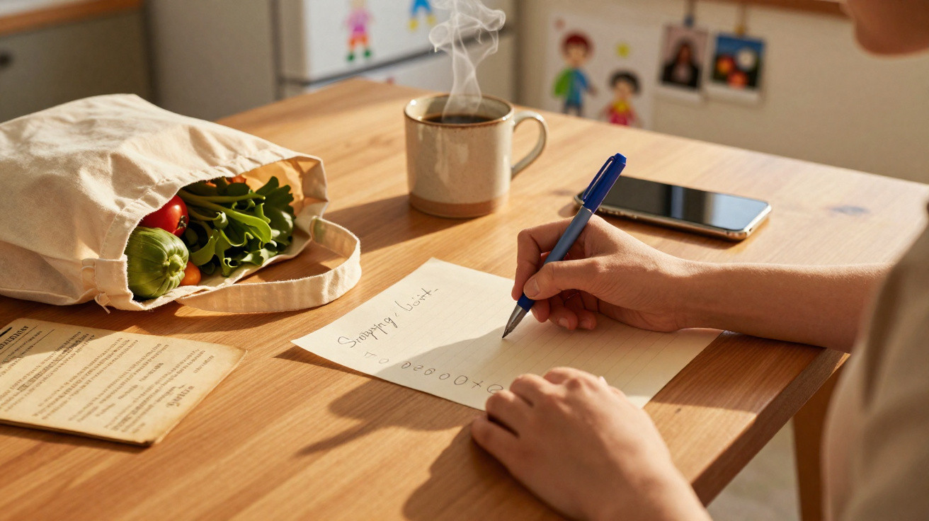 Mãos escrevendo lista de compras à caneta em papel sobre mesa com sacola de legumes, celular e xícara de café.