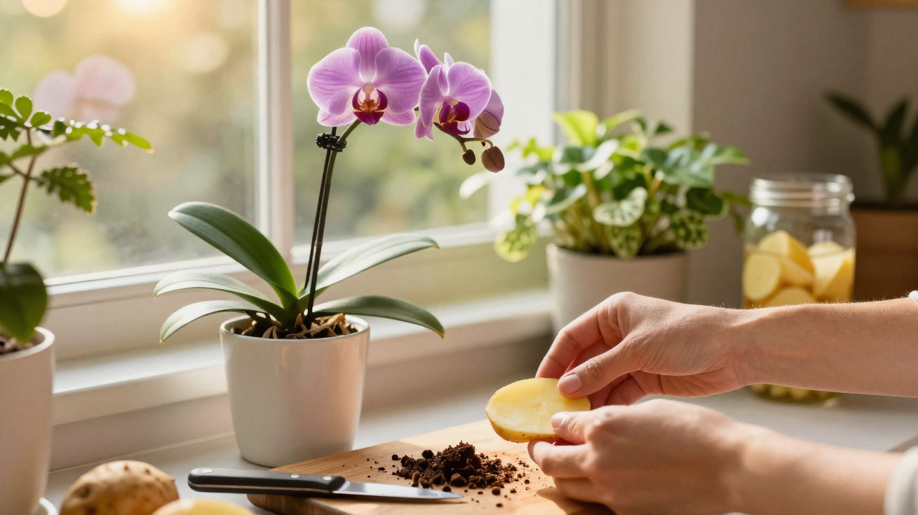 Mãos descascando batata em uma cozinha iluminada, com orquídea e plantas ao fundo na janela.