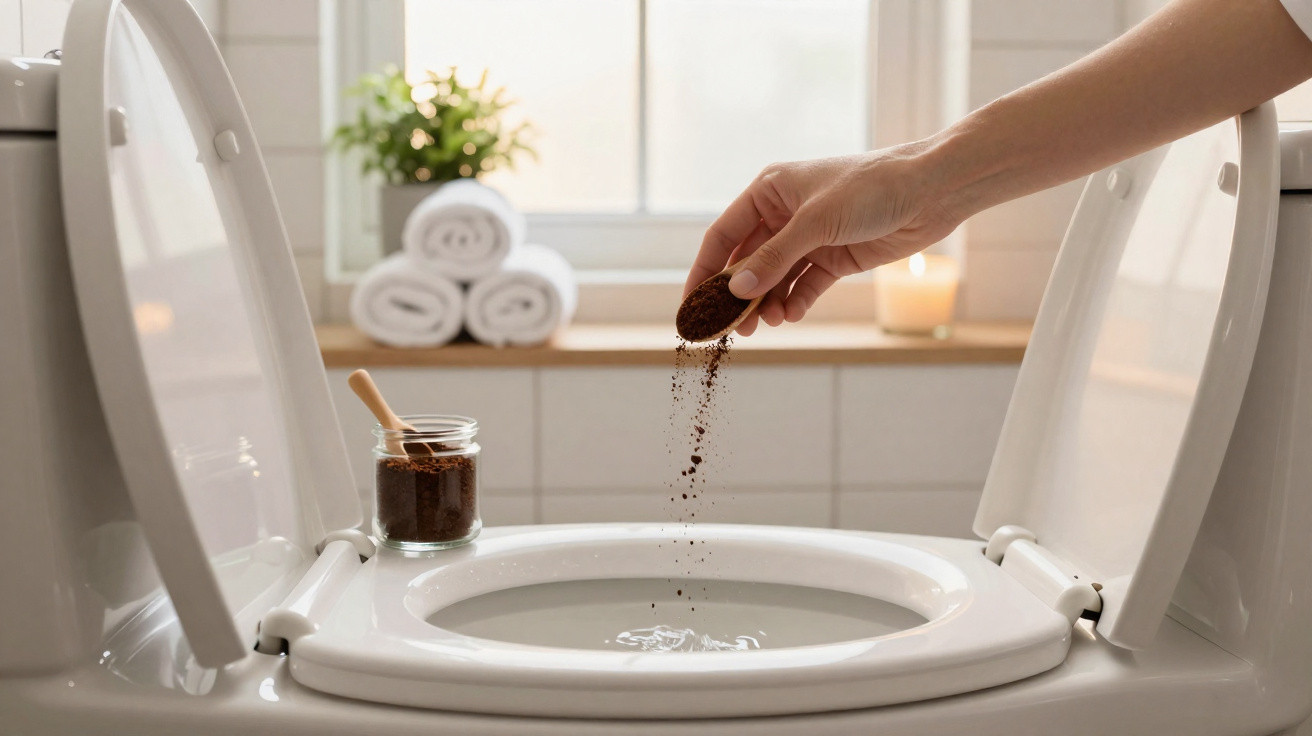 Pessoa adicionando borra de café no vaso sanitário branco em banheiro iluminado.