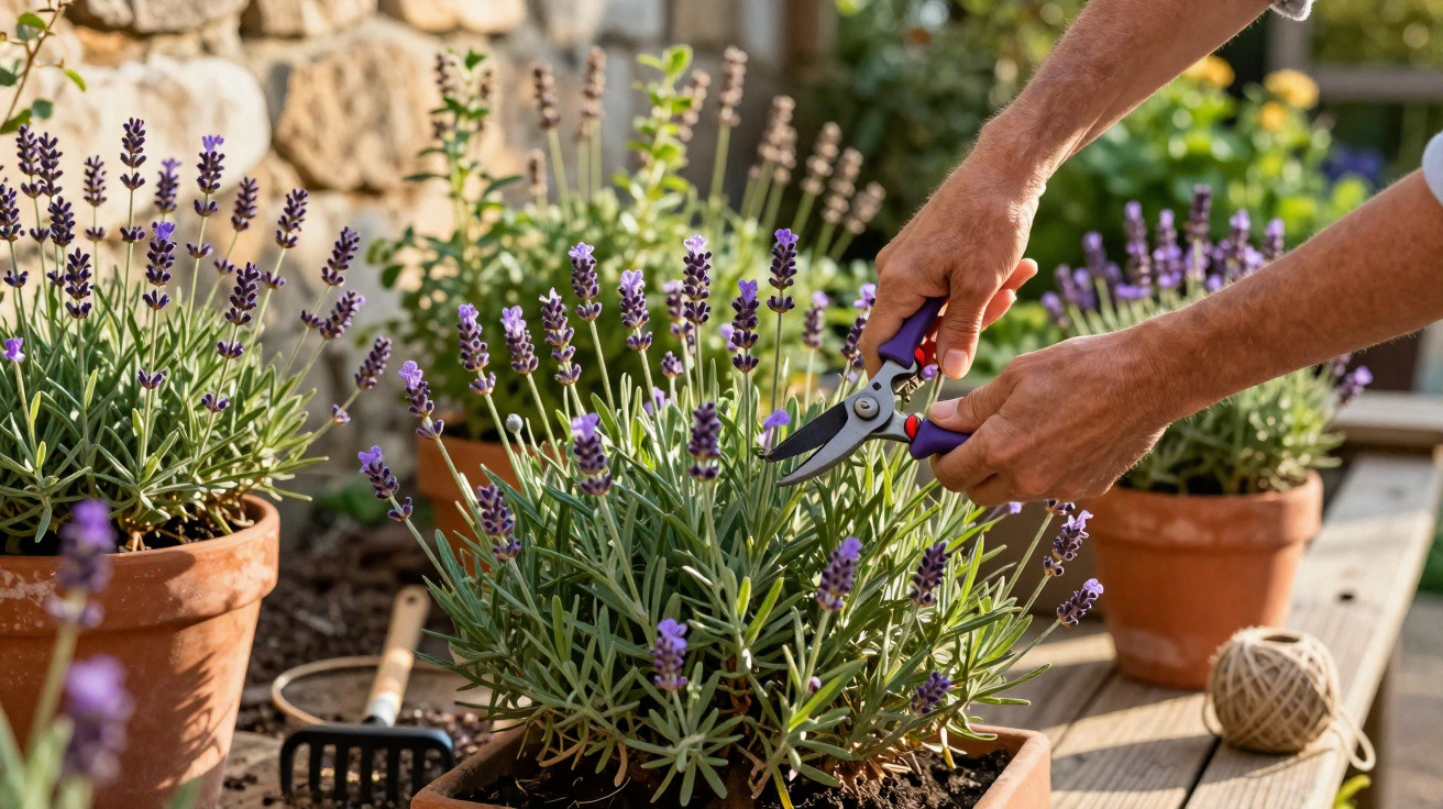 Pessoa podando flores de lavanda em vasos de barro em ambiente externo.