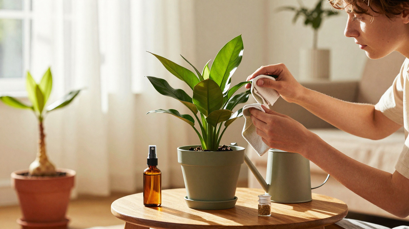 Pessoa cuidando de planta em vaso sobre mesa com regador e frascos em uma sala iluminada.