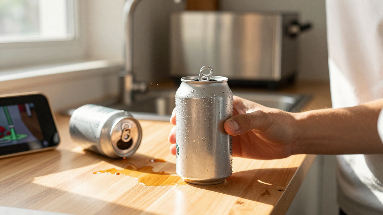 Mão segurando lata de refrigerante suada, outra lata caída e líquido derramado em mesa de madeira.