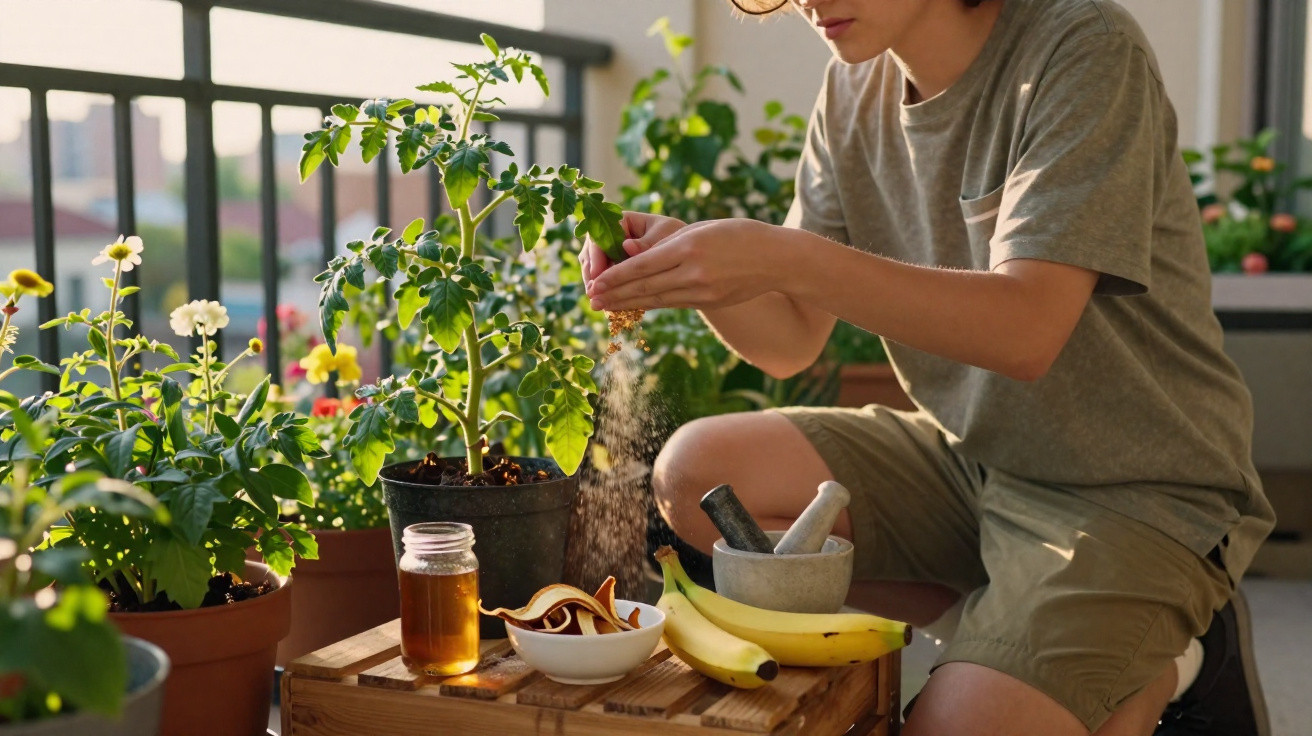 Pessoa cuidando de plantas em varanda, com potes de mel, bananas e utensílios de jardinagem ao redor.