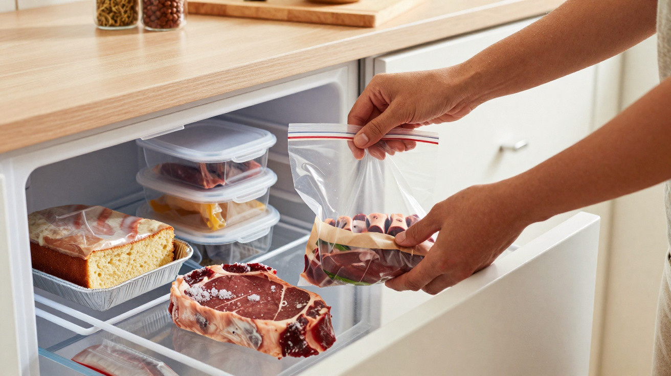 Pessoa organizando alimentos em saco plástico dentro do congelador da geladeira em cozinha.