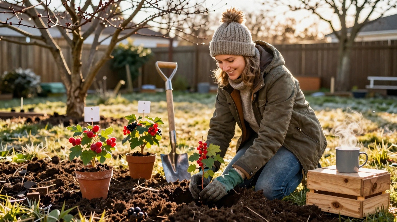 Mulher sorrindo planta arbusto em jardim, usando roupas de inverno e gorro, com pá e xícara de chá ao lado.