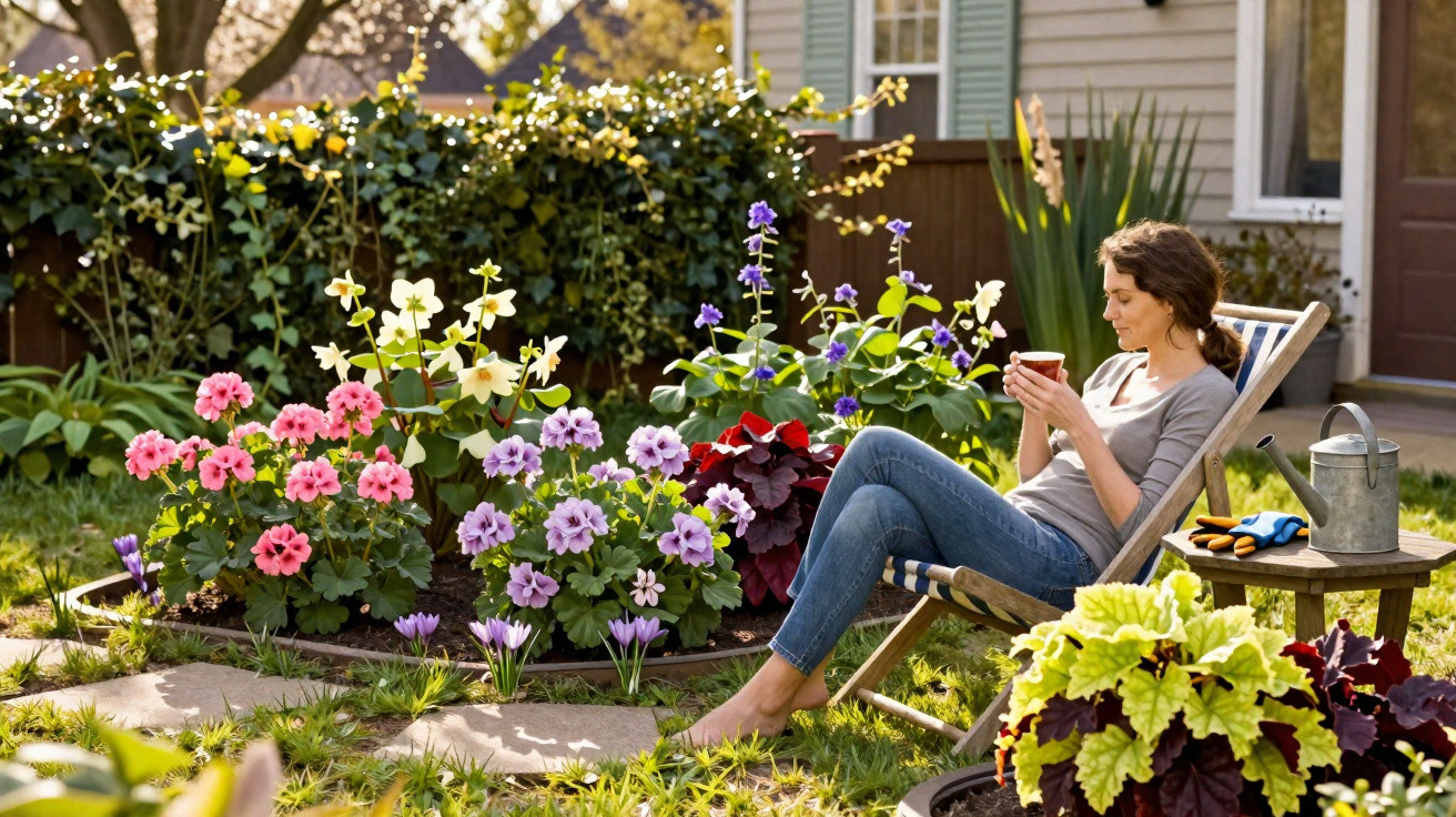 Mulher relaxando em cadeira de jardim, cercada por flores coloridas e vegetação em área externa ensolarada.