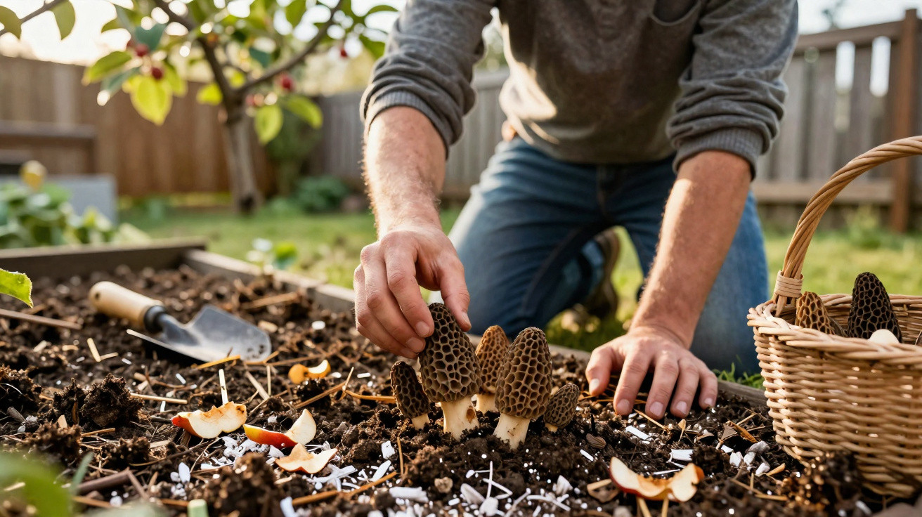Pessoa colhendo cogumelos morchella em cama de plantio no jardim com cesta e pá ao lado.