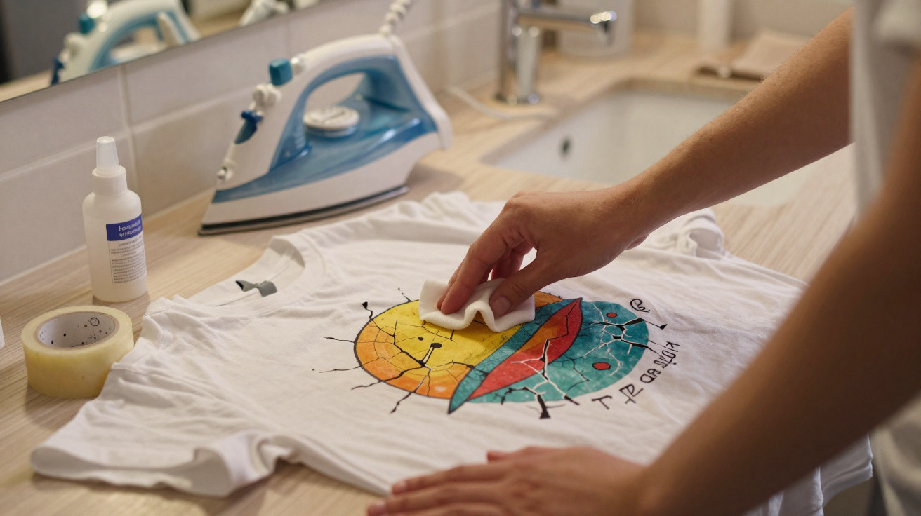 Pessoa aplicando produto de limpeza em camiseta branca estampada, ferro de passar ao fundo.