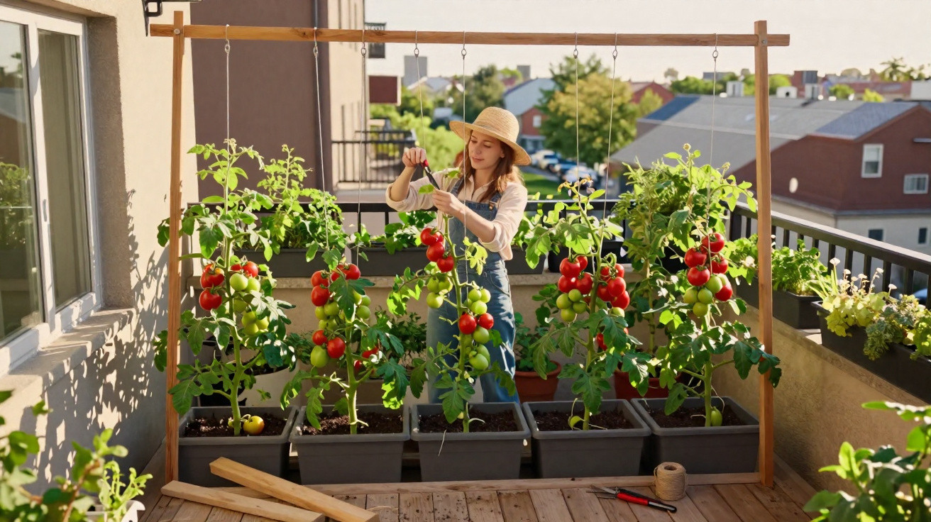 Mulher cuidando de plantas de tomate em vasos em uma varanda ensolarada de apartamento.