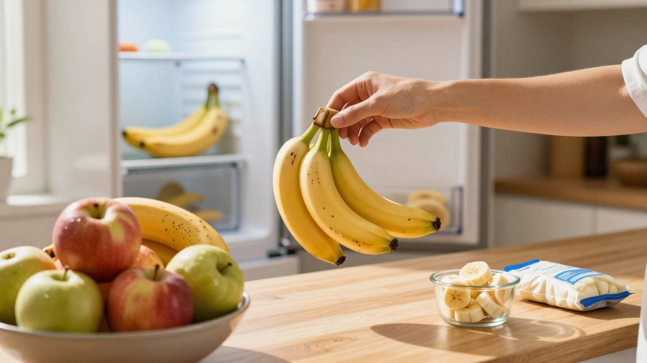 Pessoa segurando um cacho de bananas na cozinha com frutas variadas e freezer ao fundo.