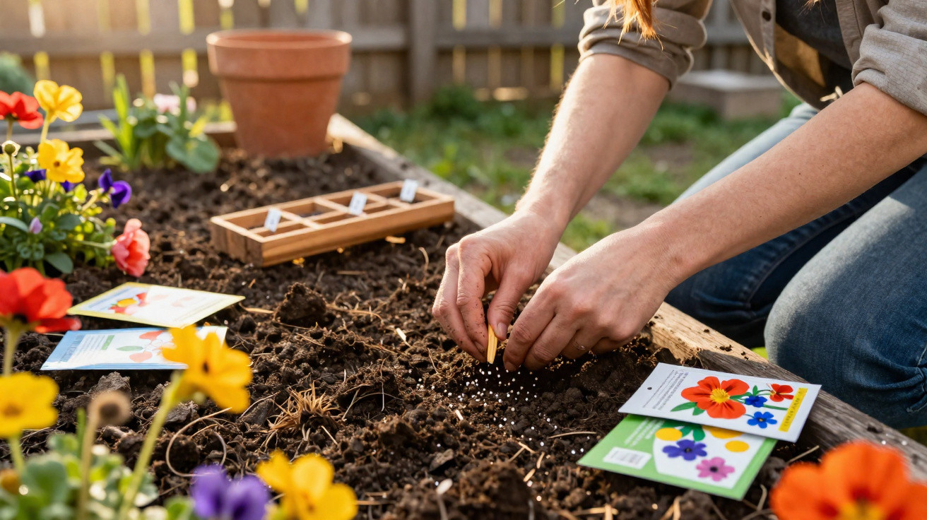 Pessoa plantando sementes em canteiro com pacotes de sementes e flores coloridas ao redor.