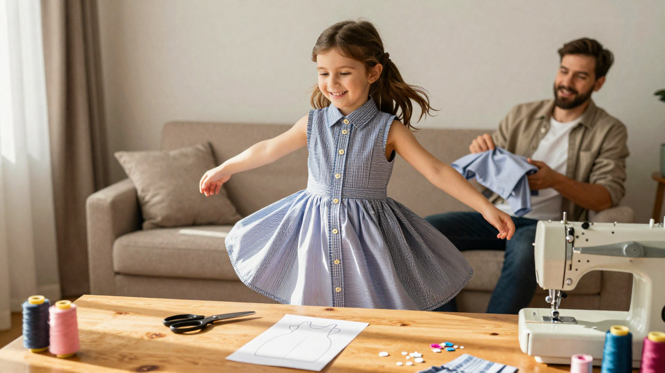 Menina feliz gira vestindo vestido azul enquanto homem ao fundo manuseia tecido em sala.