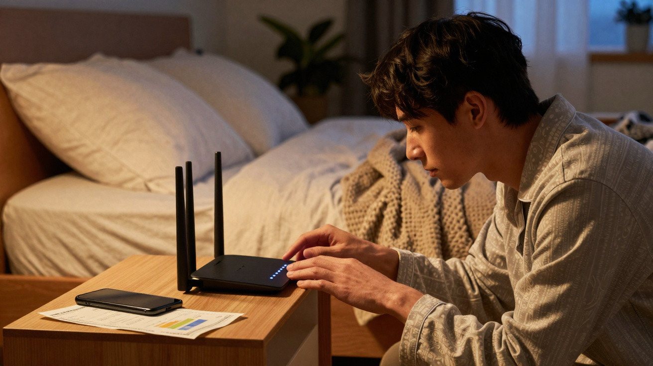 Jovem ajusta roteador Wi-Fi em quarto durante a noite, com cama e celular ao fundo.