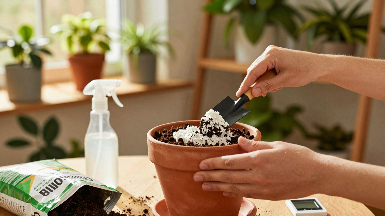 Mãos preparando terra com fertilizante em vaso de barro para plantar, ao lado de pulverizador e terra solta.