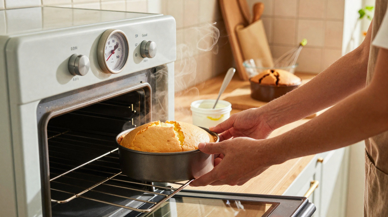 Pessoa retirando bolo quente assado de forma redonda em forno aberto na cozinha.