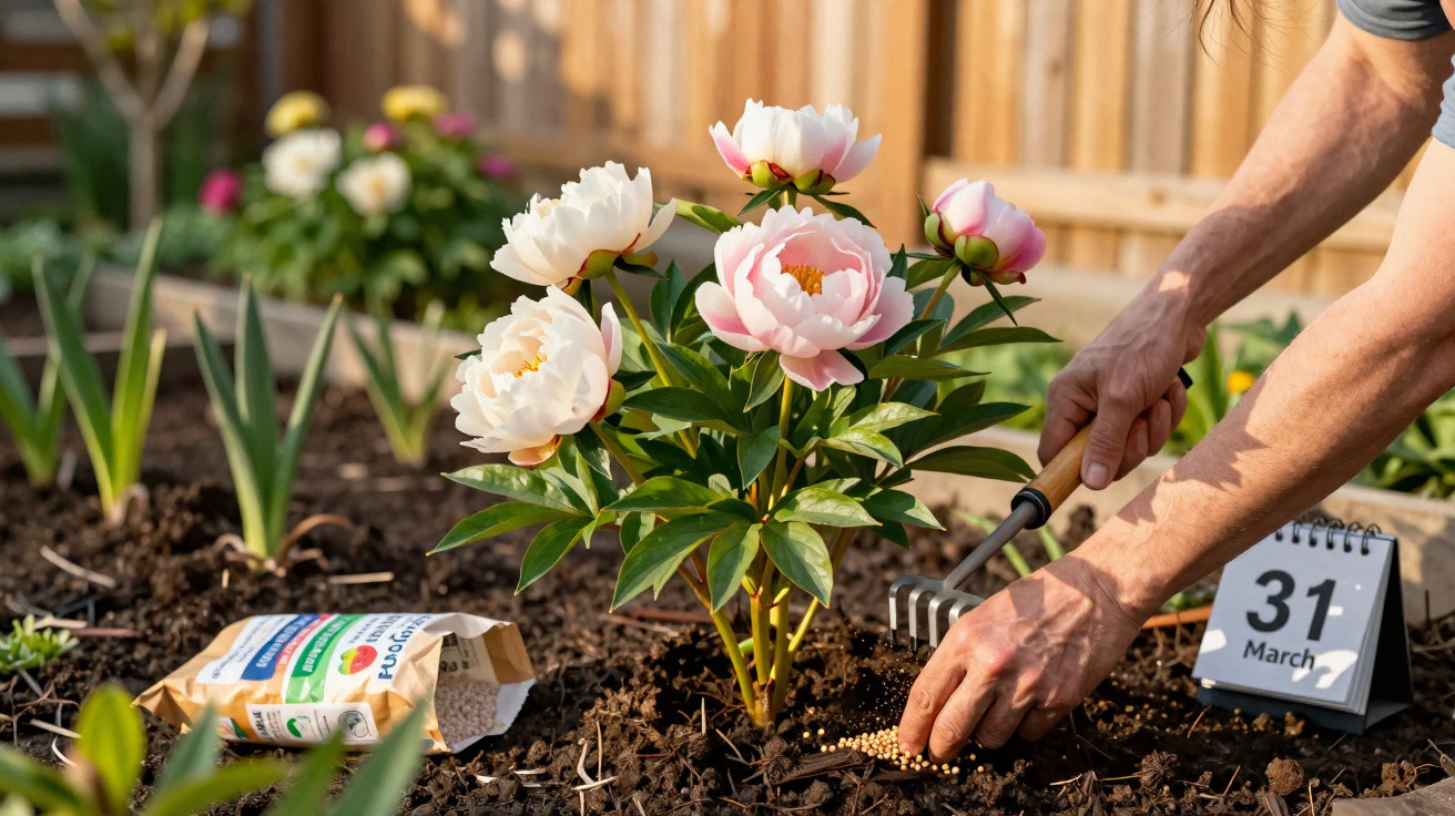 Pessoa semeando sementes ao lado de flores brancas e rosa em jardim, com calendário mostrando 31 de março.