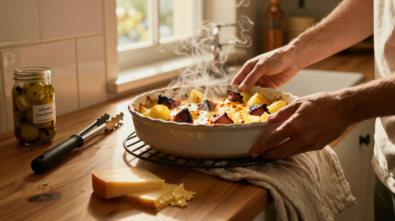 Pessoa retirando do forno uma travessa com batatas gratinadas quentes em uma cozinha iluminada.