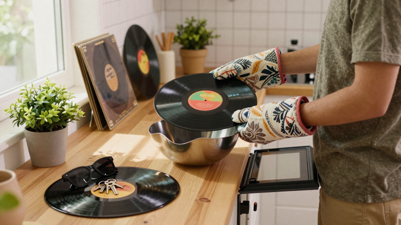 Pessoa usando luvas térmicas segurando um disco de vinil acima de uma tigela metálica na cozinha.