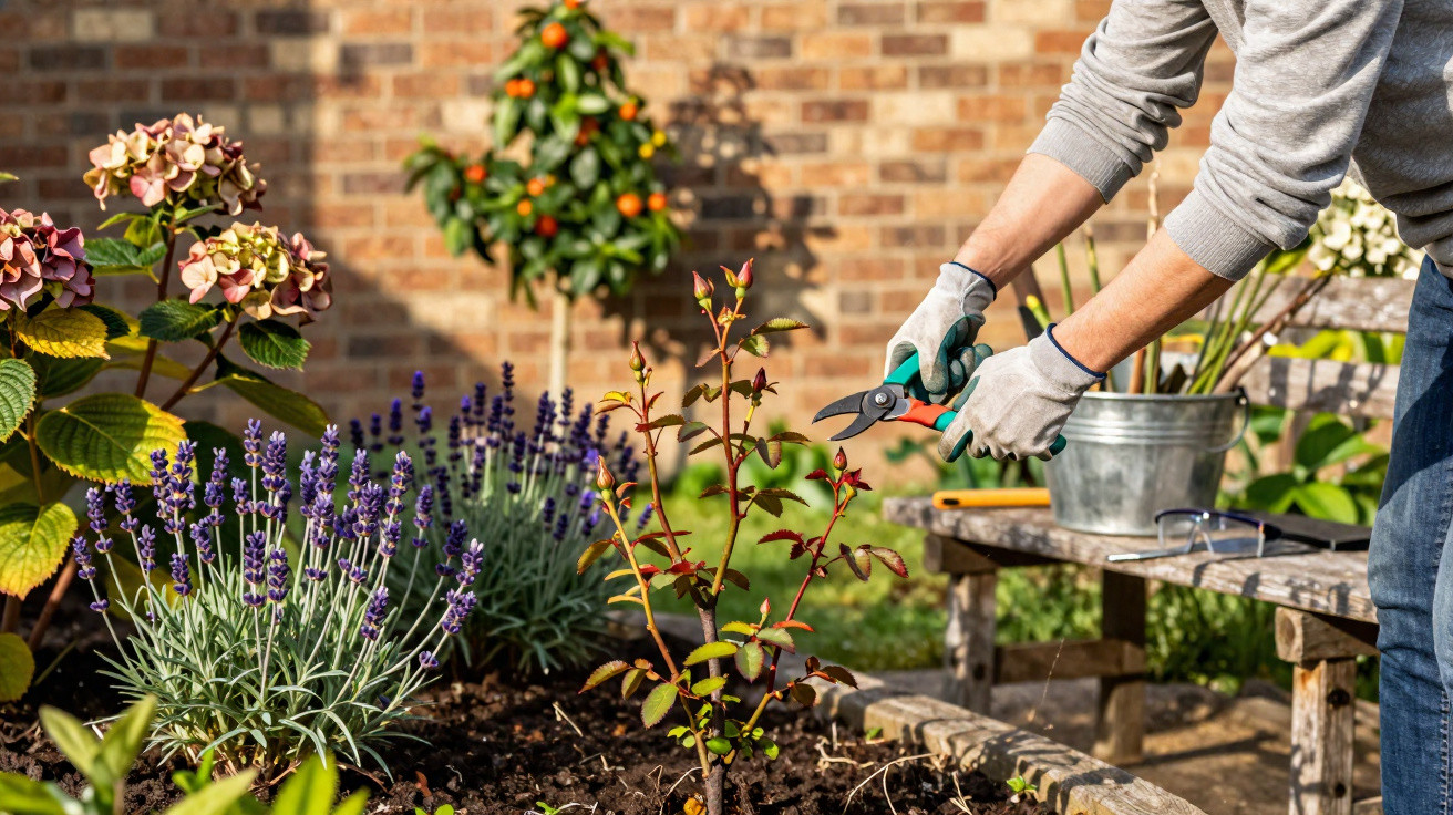 Pessoa podando planta jovem com tesoura de jardinagem em jardim ensolarado com flores e árvore frutífera.