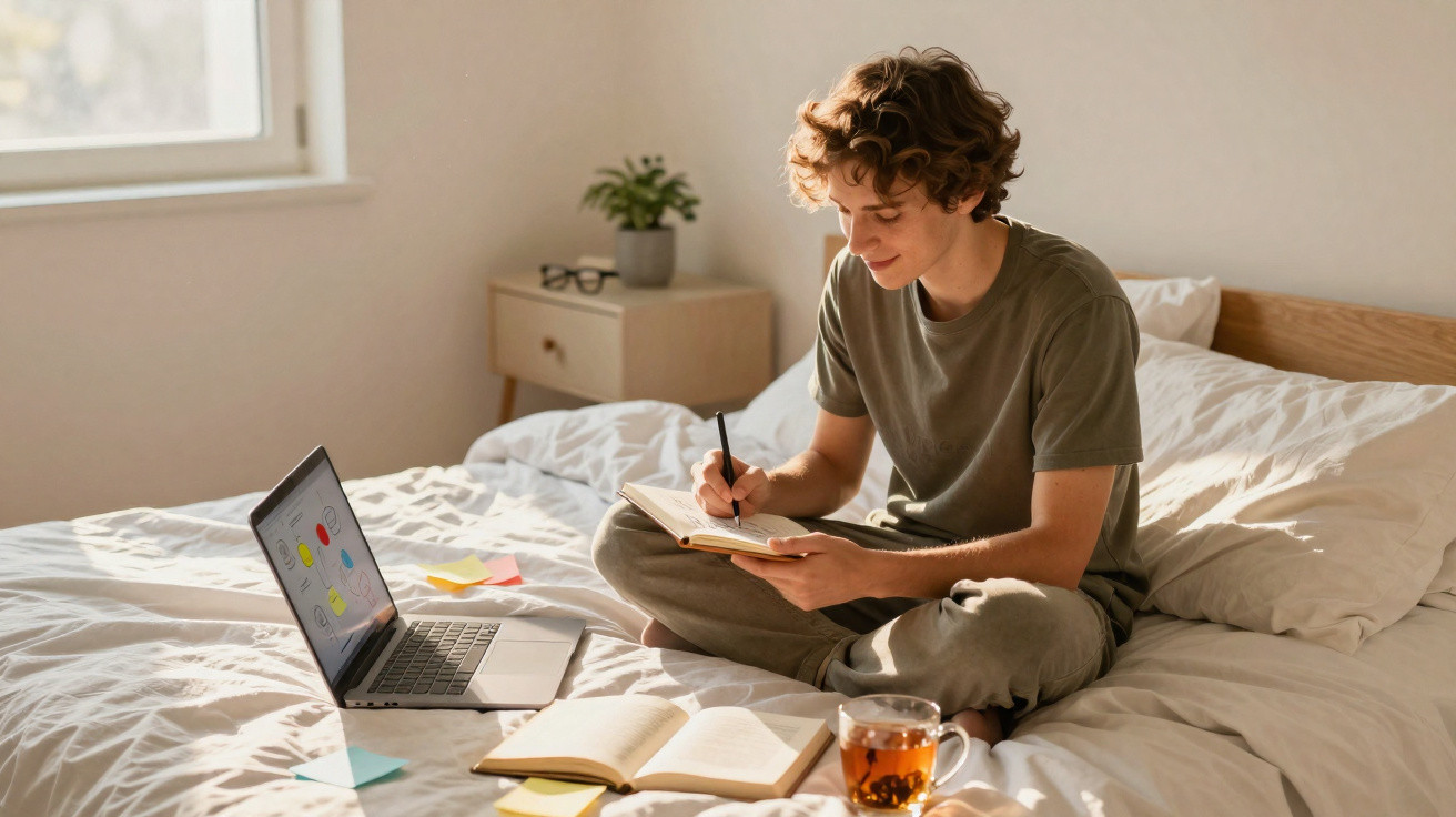 Jovem sentado na cama escrevendo em caderno com laptop aberto e xícara de chá ao lado em quarto iluminado.