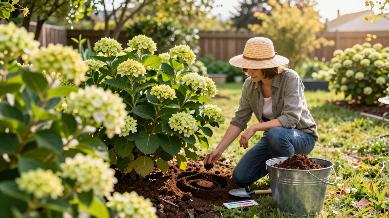 Mulher com chapéu cultivando jardim com flores e balde de terra em dia ensolarado.