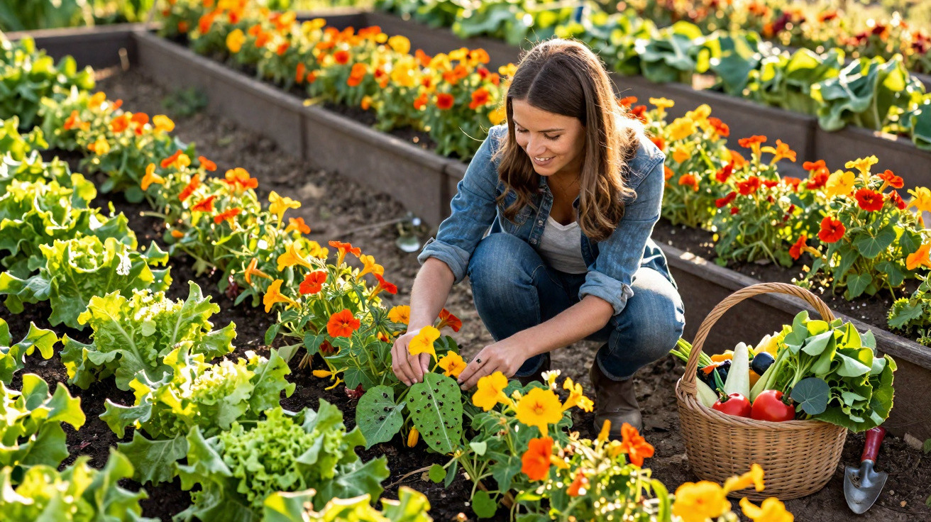 Mulher cuidando de flores em horta com cesta de verduras frescas ao lado em dia ensolarado.