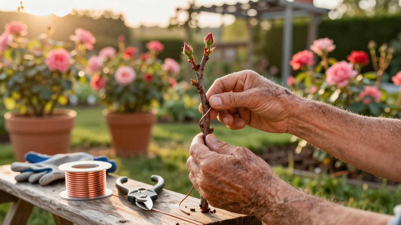 Mãos de idoso enrolando arame em ramo de rosa com flores de rosas ao fundo em jardim ao entardecer.