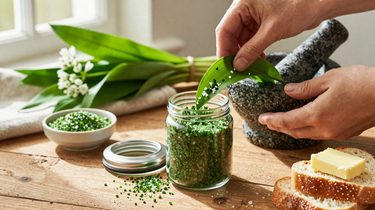 Pote de vidro com sal temperado, mão segurando folha verde com sal, pilão de pedra e pão com manteiga.
