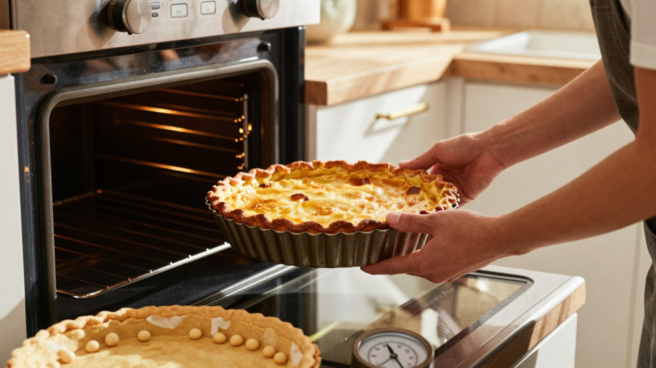 Pessoa colocando torta assada no forno em cozinha com bancada de madeira.