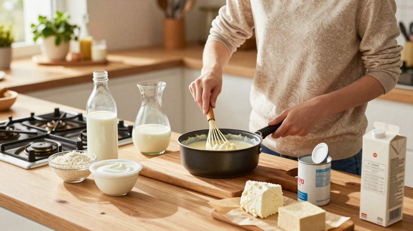 Pessoa mexendo um creme branco em panela na cozinha com ingredientes como leite e queijo ao redor.
