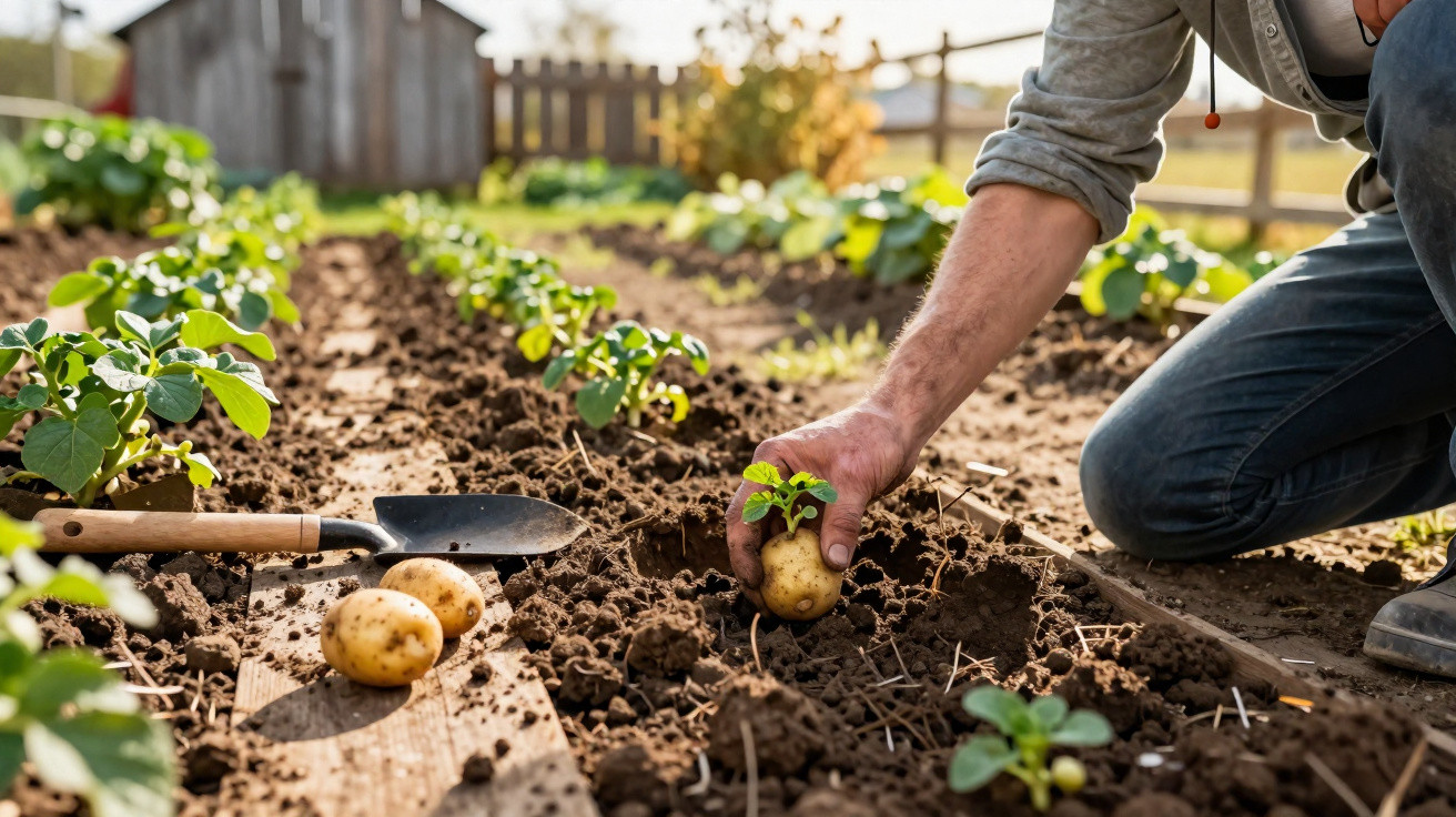 Pessoa plantando batatas em solo fértil com ferramentas de jardinagem ao lado.