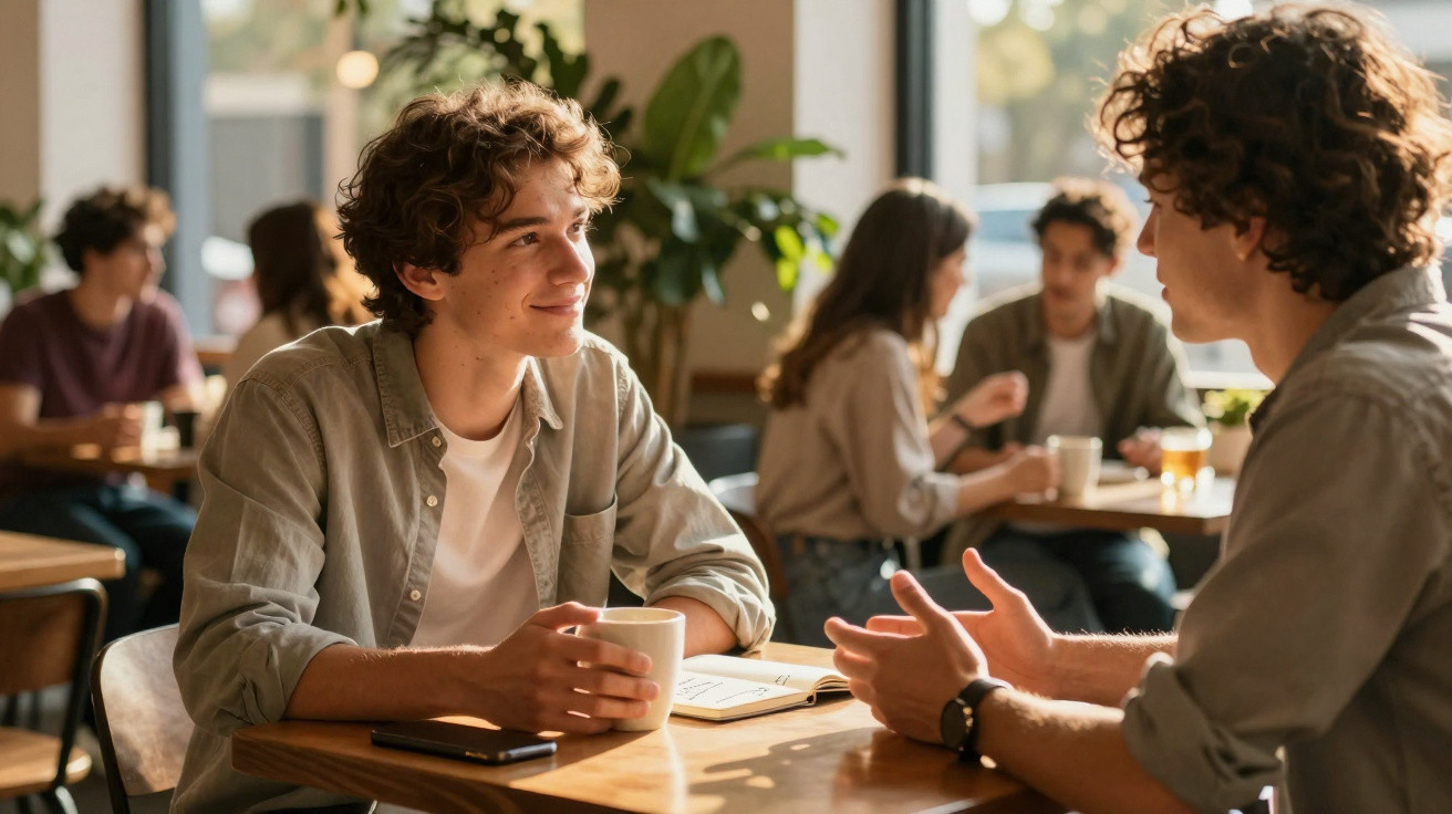 Dois jovens conversando e tomando café em uma cafeteria com mais pessoas ao fundo.