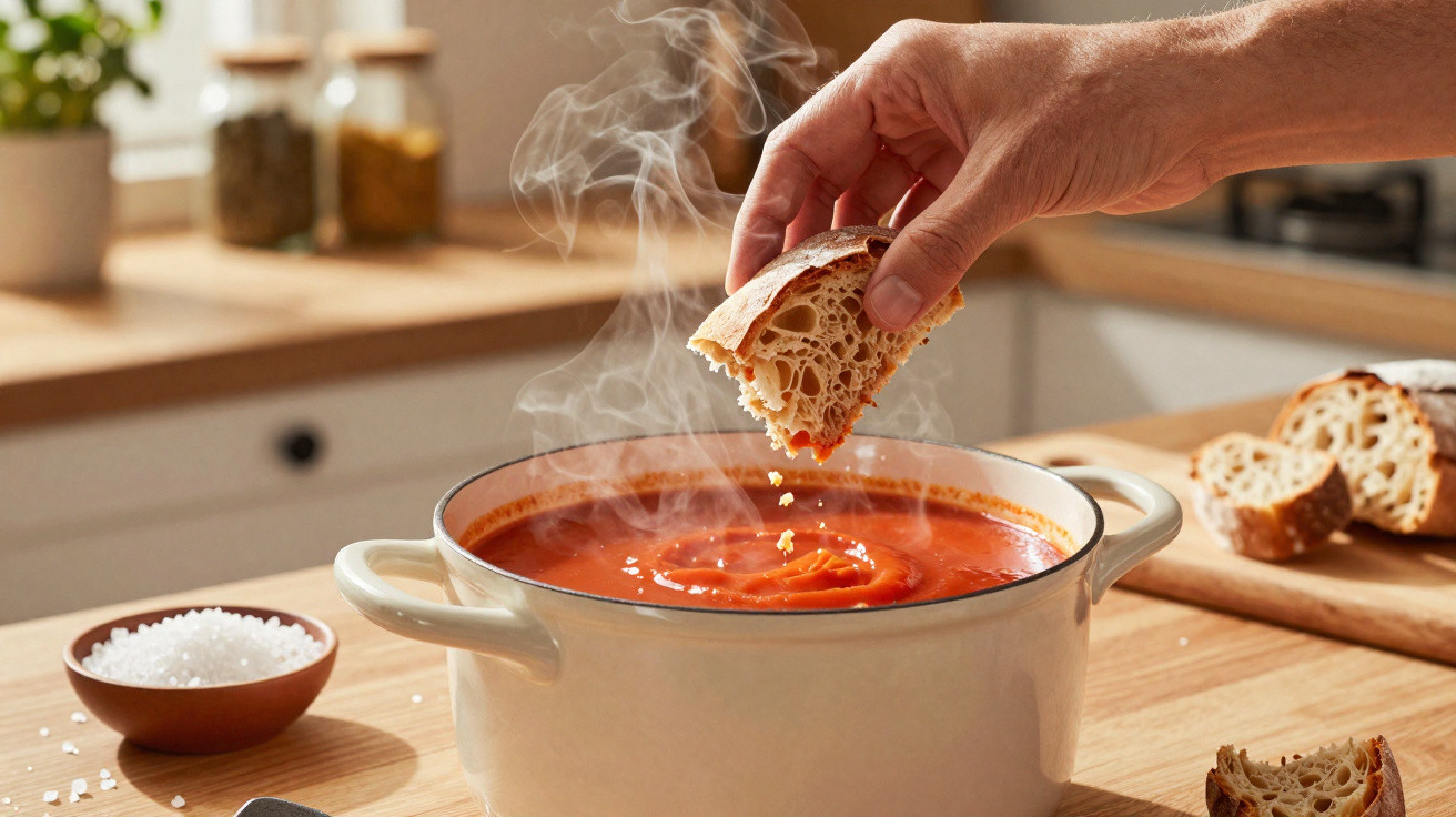 Mão segurando pedaço de pão sobre panela branca com sopa de tomate fumegante sobre bancada de madeira.