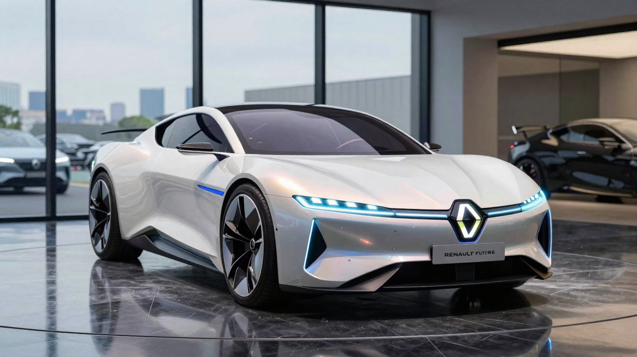Carro esportivo elétrico branco da Renault com design futurista e faróis azuis em showroom moderno.