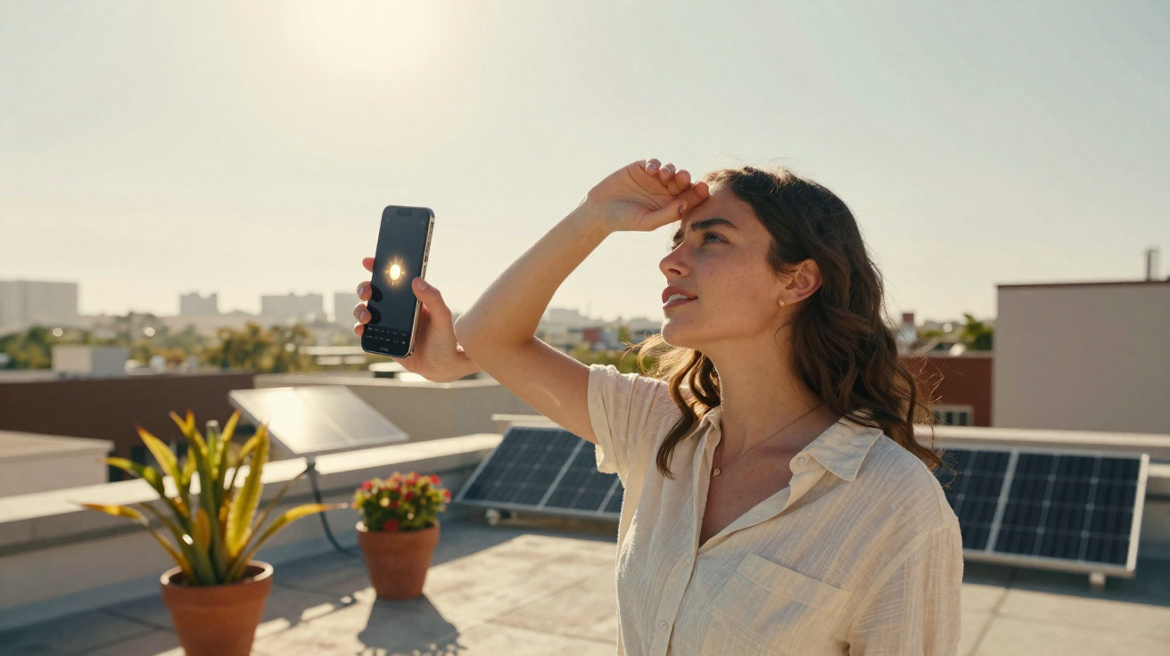 Mulher segurando celular em direção ao sol em terraço com painéis solares e plantas em vasos.