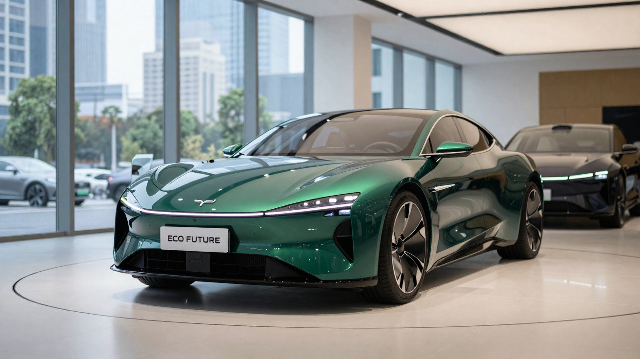 Carro esportivo elétrico verde em exposição interna com placa Eco Future e edifícios ao fundo.