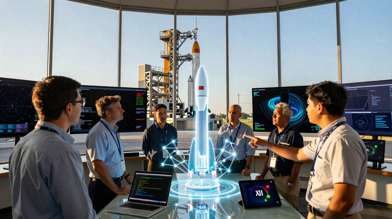 Equipe de engenheiros discutindo projeto de foguete futurista em sala com telões e holograma.