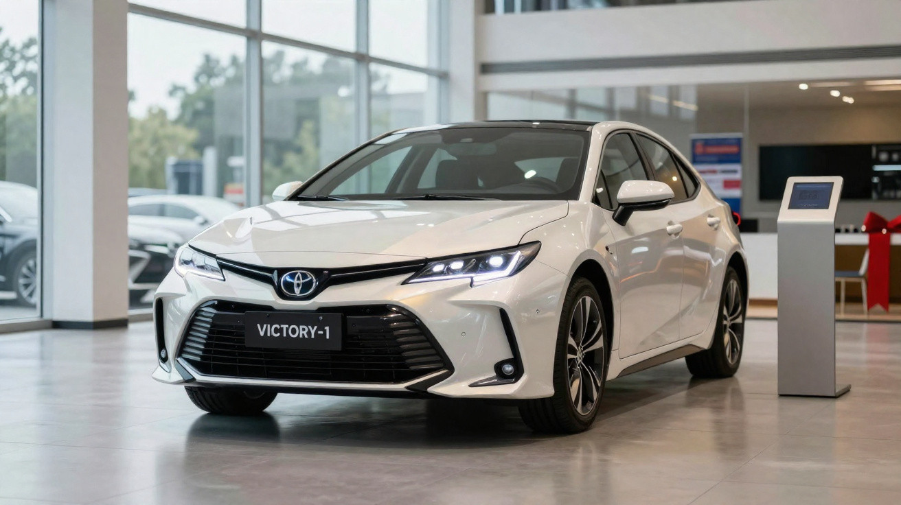 Carro branco Toyota Victory-1 exposto em showroom moderno com iluminação natural e piso cinza.