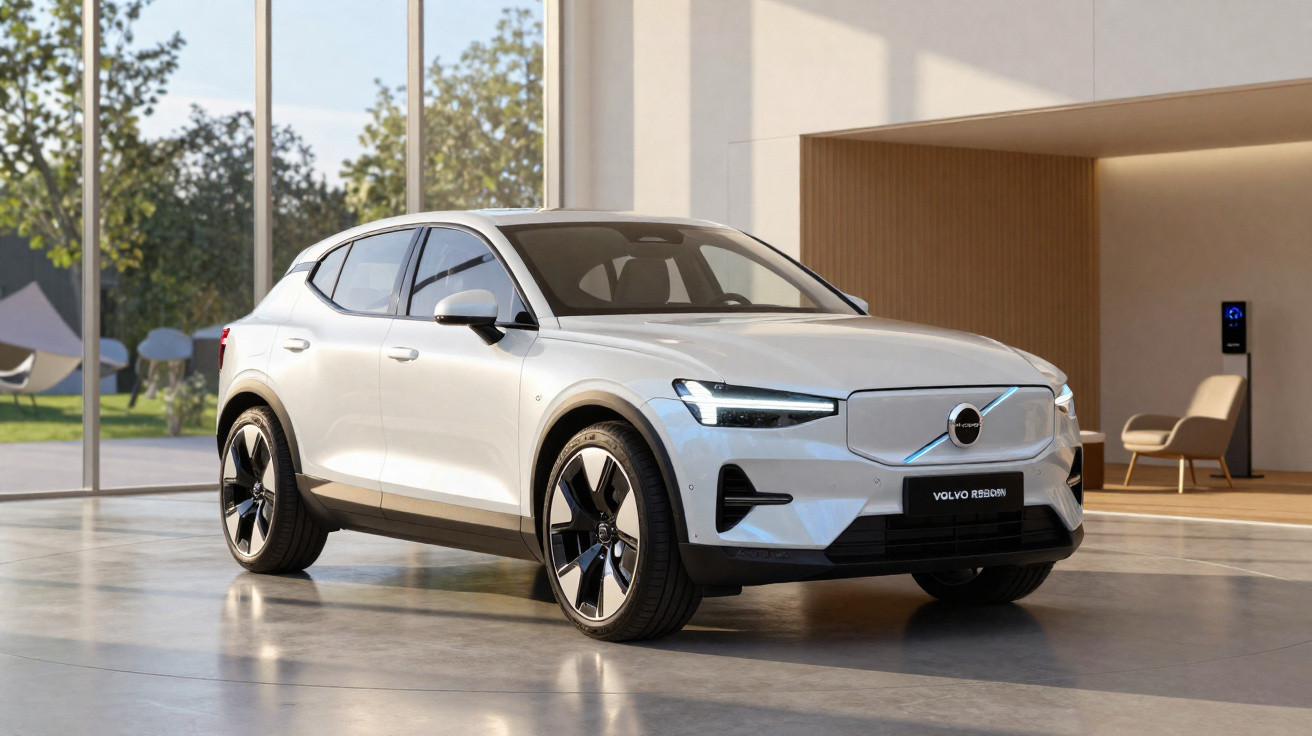 Carro elétrico branco Volvo XC40 Recharge estacionado em ambiente interno moderno com parede clara e grandes janelas.