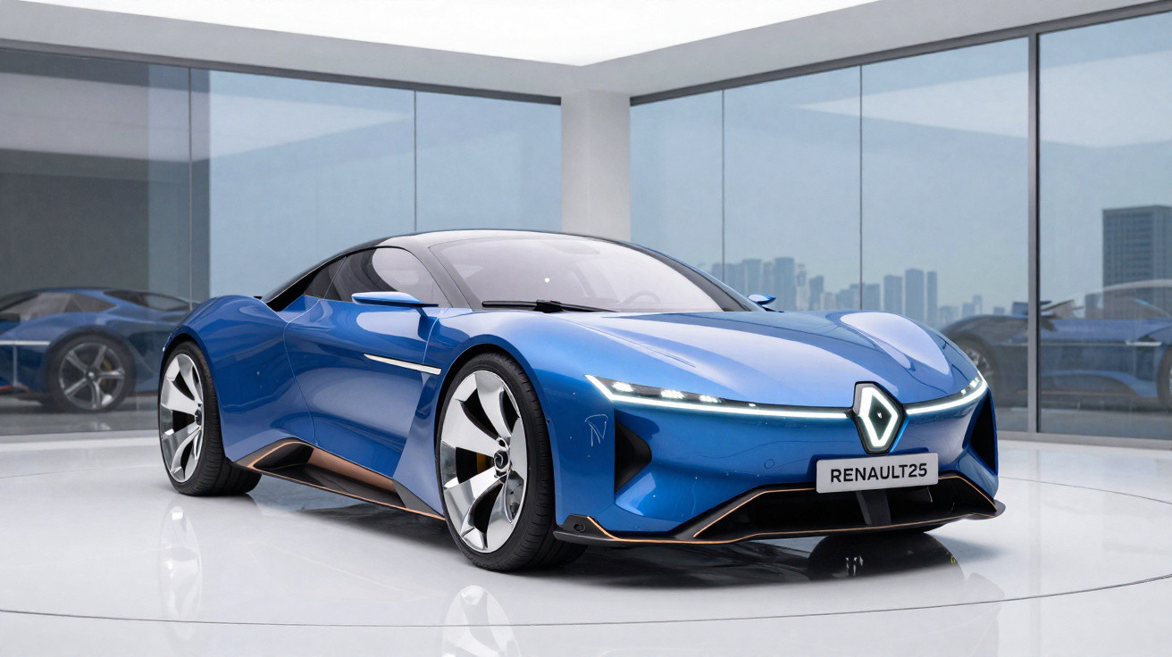 Carro esportivo azul futurista da Renault em salão moderno com vidros e reflexos.