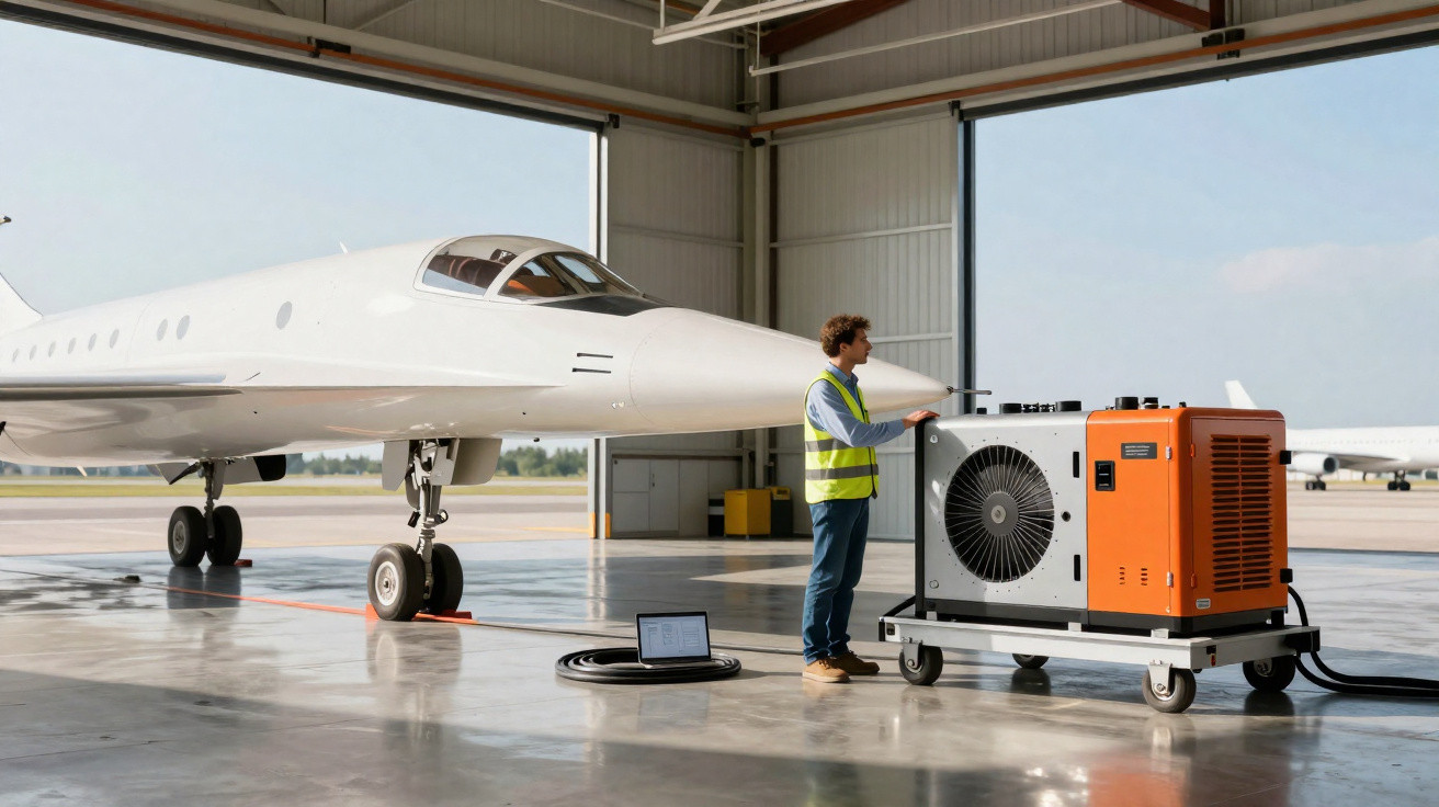 Homem com colete refletivo operando equipamento ao lado de avião branco em hangar de aeroporto.