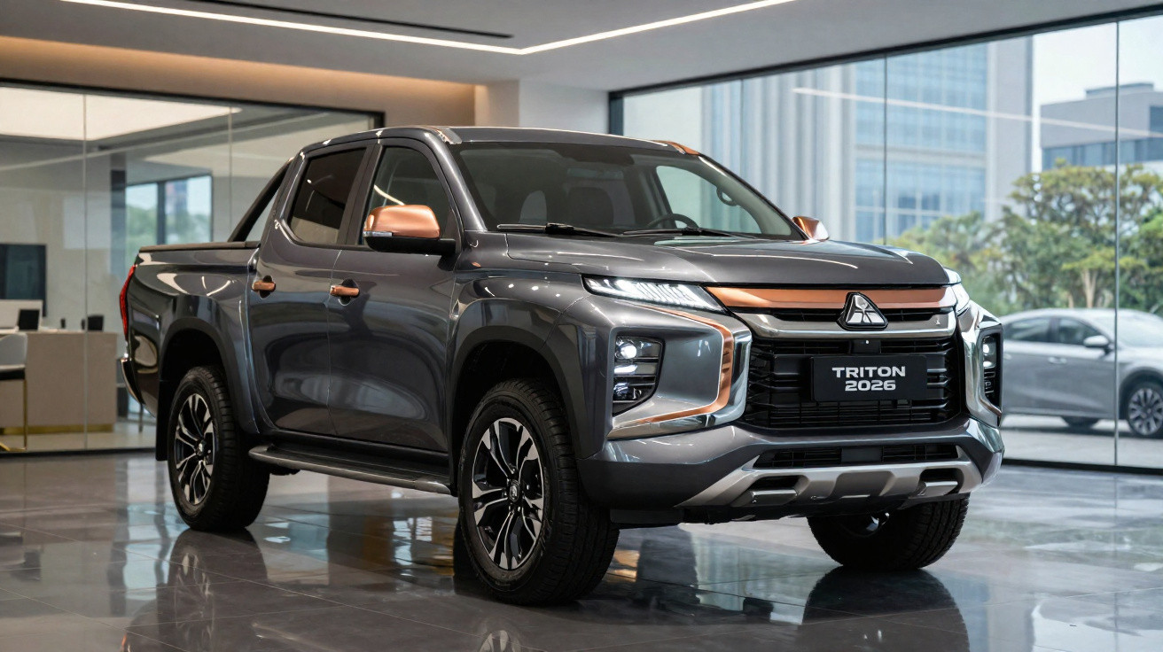 Picape Mitsubishi Triton 2026 cinza com detalhes em cobre, exibida em showroom moderno e iluminado.