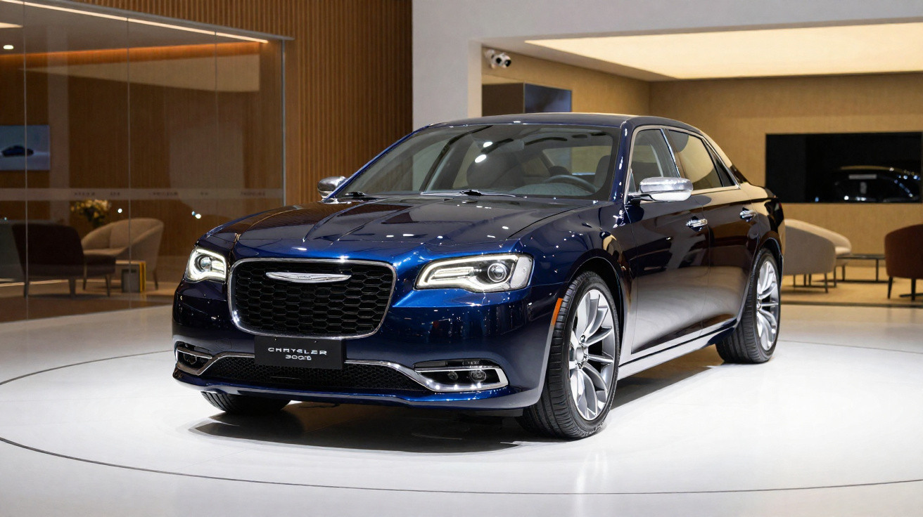 Carro sedã azul Chrysler 300C exibido em showroom com iluminação destacada e ambiente moderno.