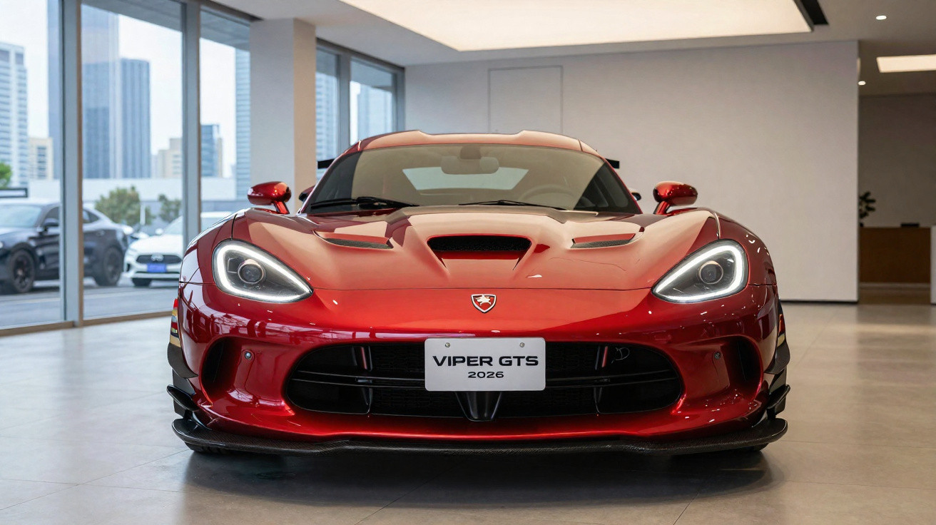 Carro esportivo vermelho Viper GTS 2026 em garagem moderna com janelas grandes e iluminaçăo natural.