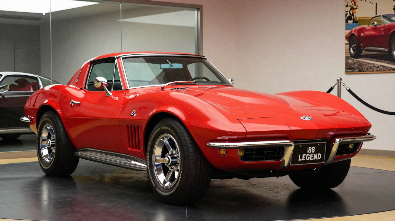 Carro esportivo vermelho clássico Chevrolet Corvette 1968 exposto em salão com espelho ao fundo.