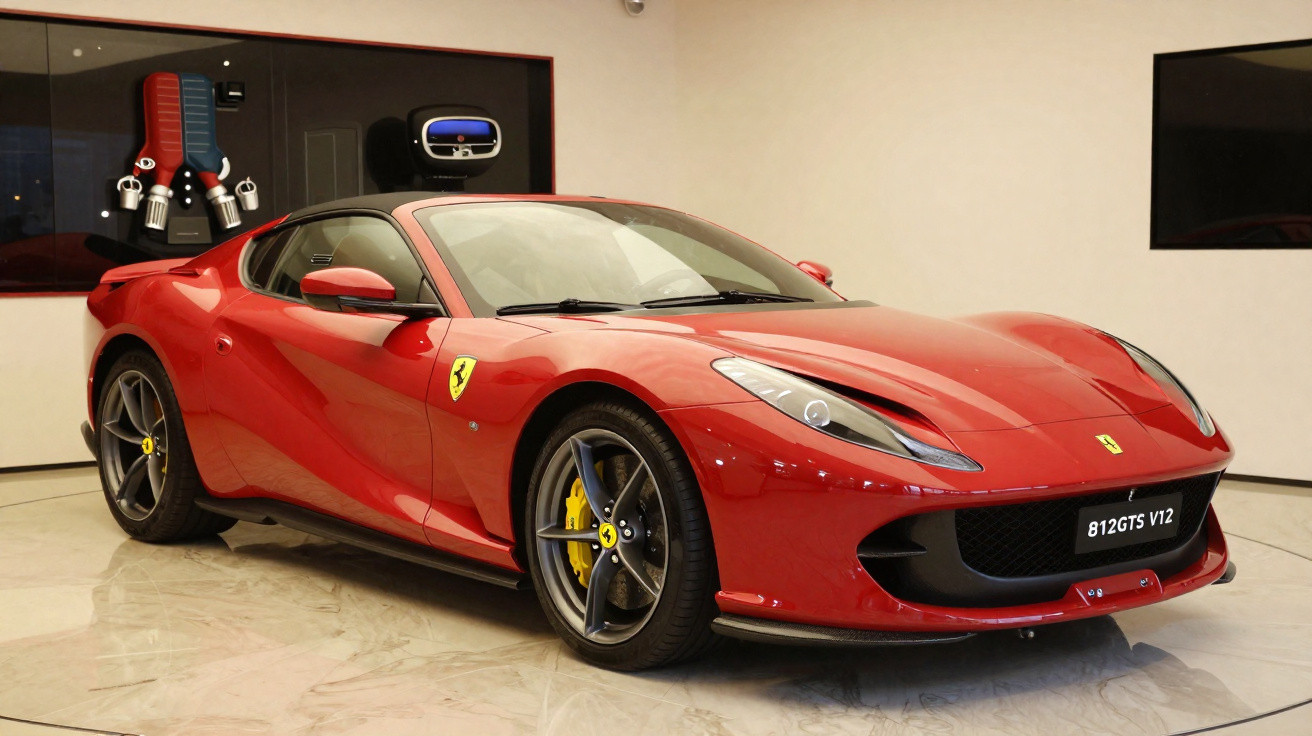 Carro esportivo Ferrari 812 GTS V12 vermelho em exposição dentro de showroom moderno.