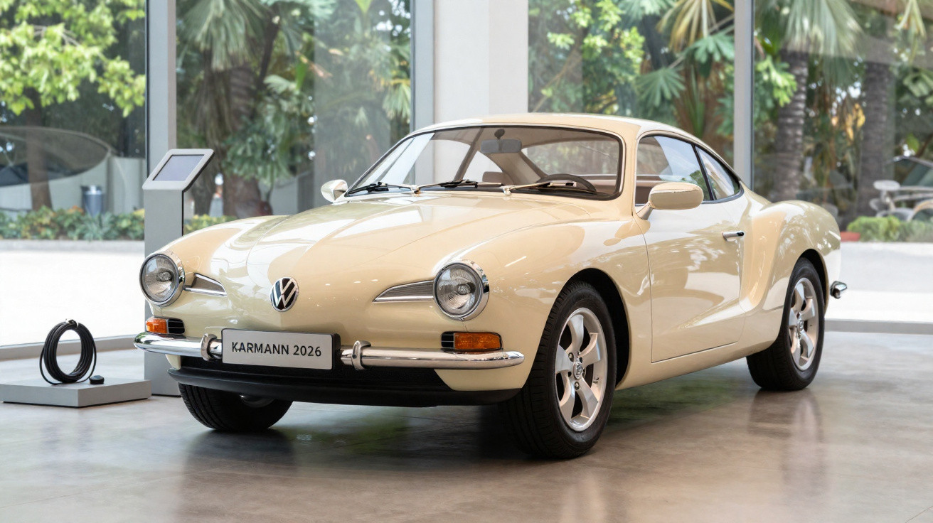 Carro Volkswagen Karmann 2026 vintage bege em exposição interna com vidros e plantas ao fundo.