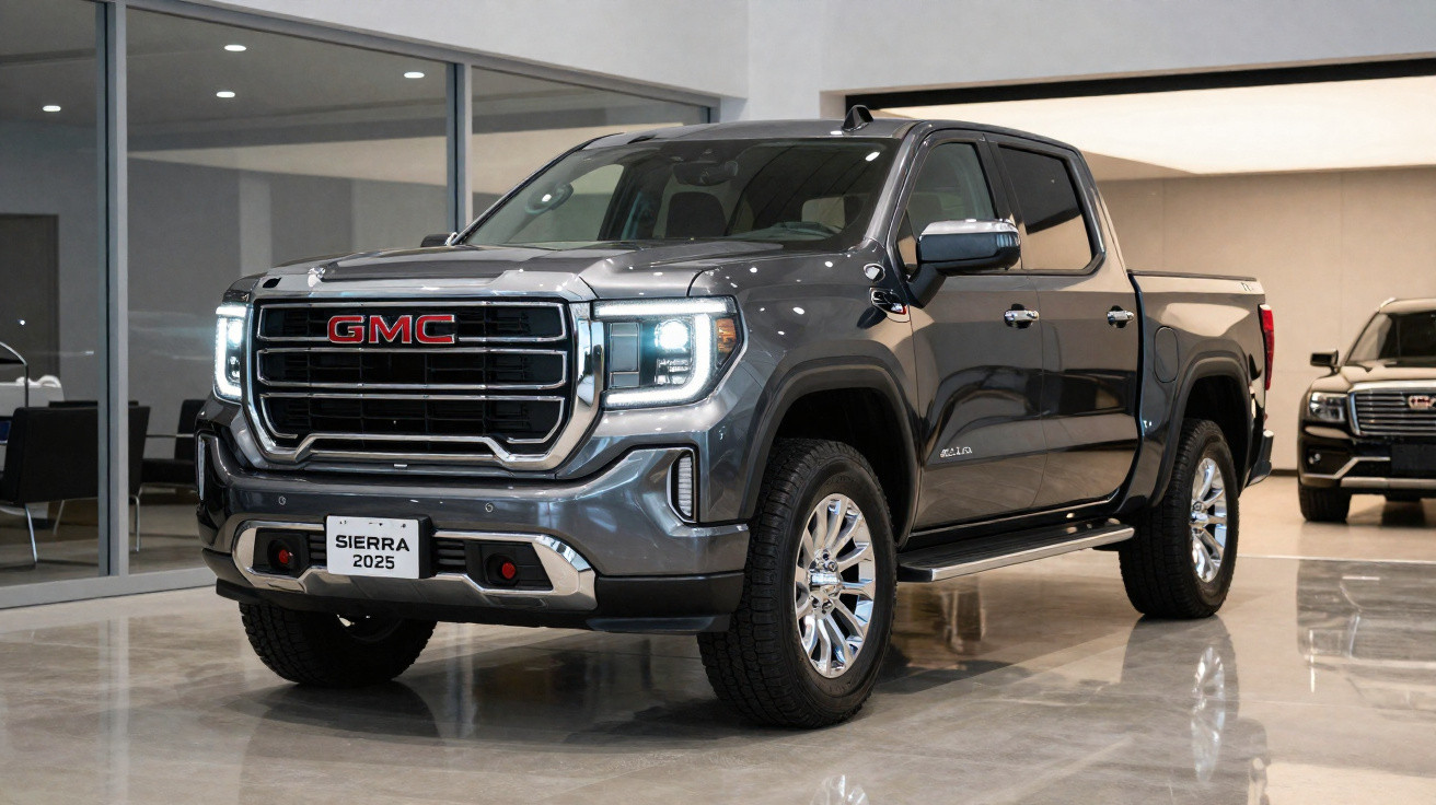 Picape GMC Sierra 2025 cinza exibida em showroom com iluminação refletida no piso polido.